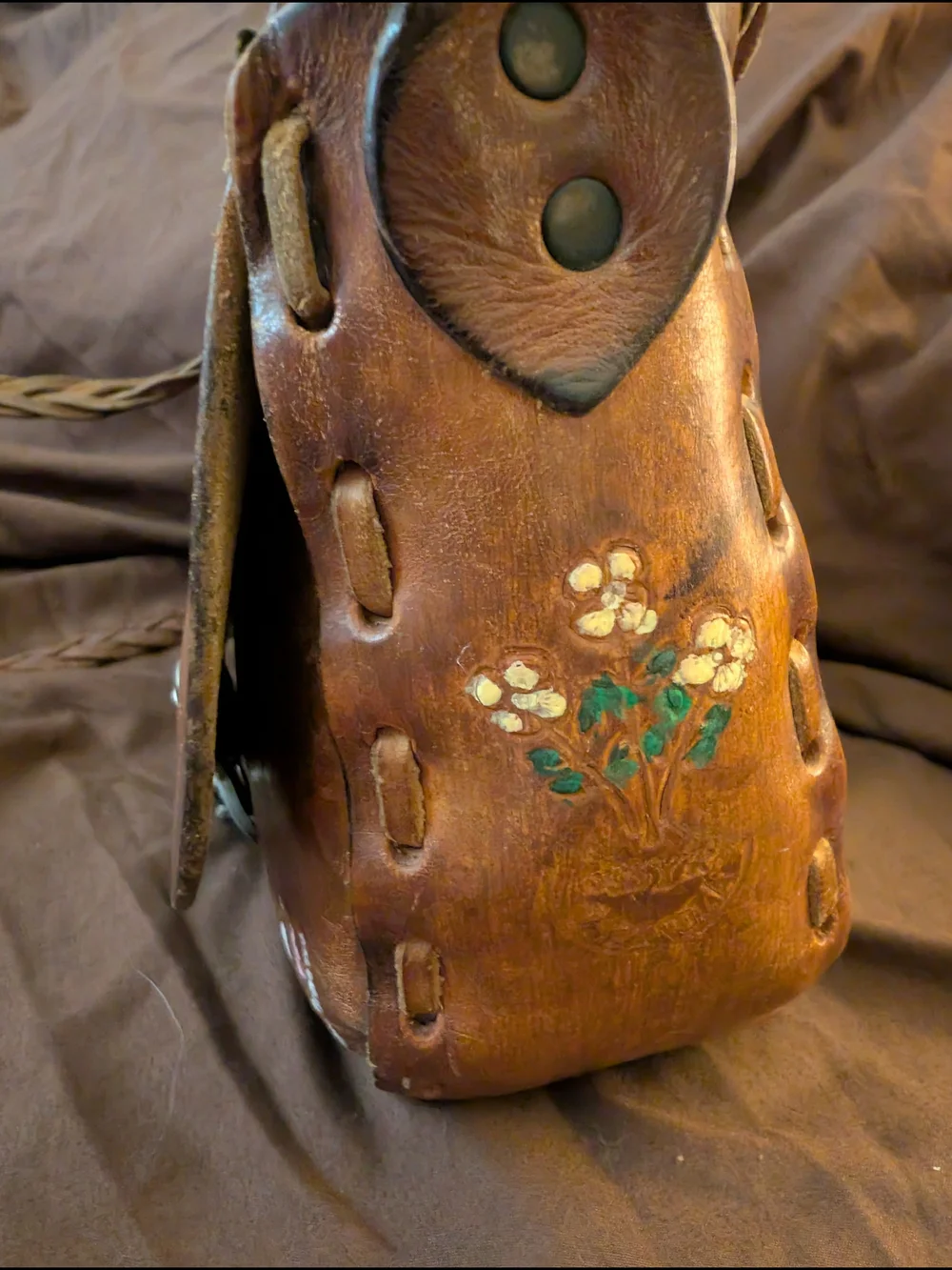 Vintage 1970s Brown Floral Hand-Painted Leather Bag